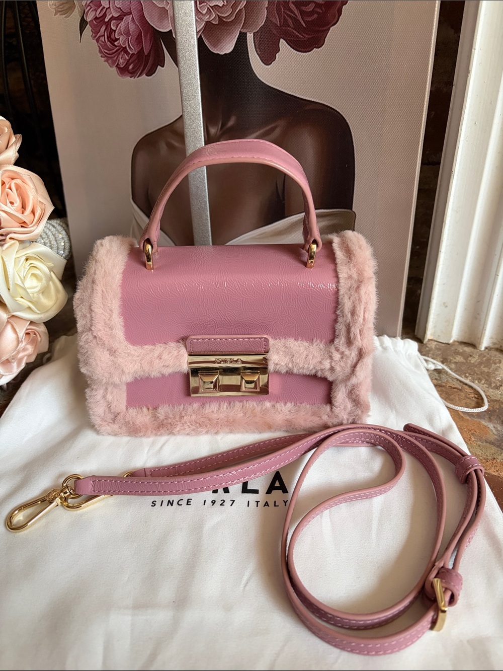 Furla Pink Faux Fur Trim Satchel - Picture 6 of 10